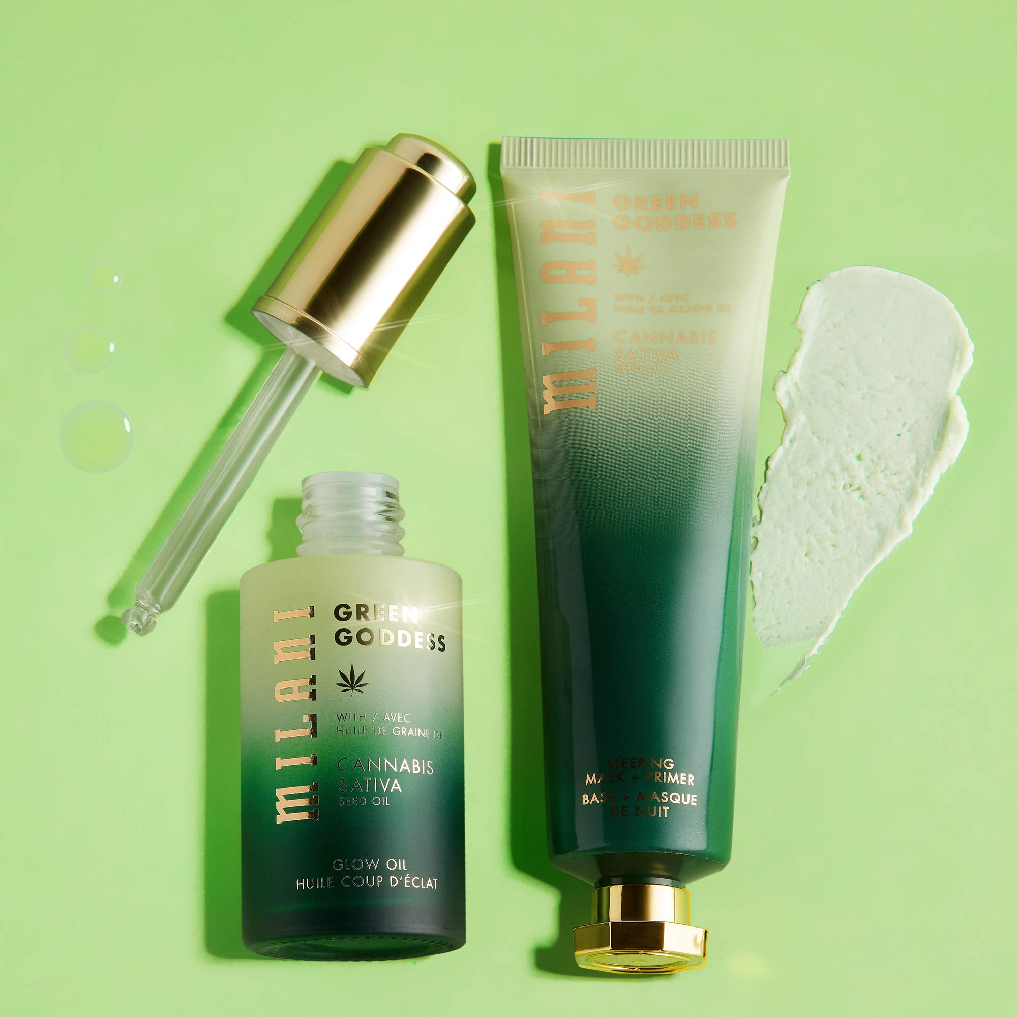 Milani Green Goddess Glow Oil, aplicación en la palma, uso multiuso para rostro.
