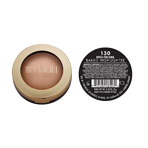 Milani iluminador horneado Rosa Italiana, aplicación en puntos altos para realzar rasgos faciales.