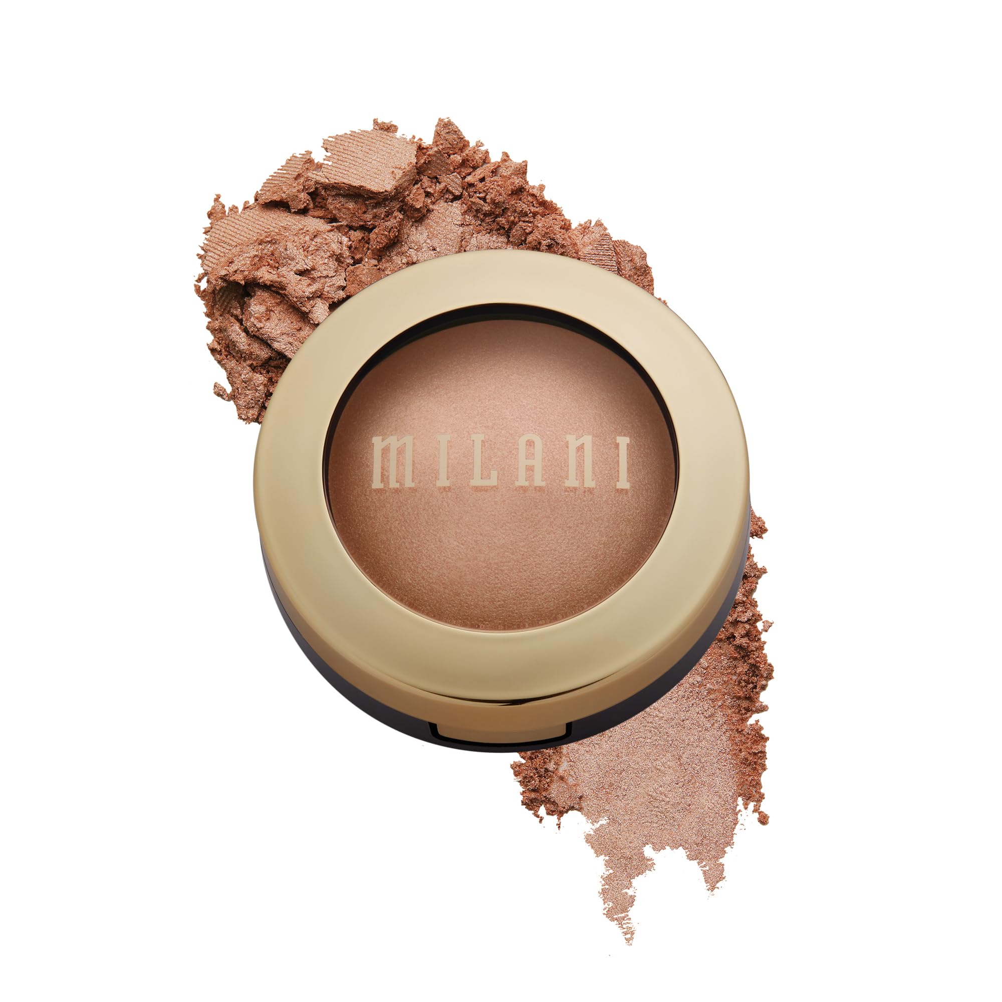 Milani iluminador horneado Rosa Italiana, empaque elegante, aporta brillo suave.