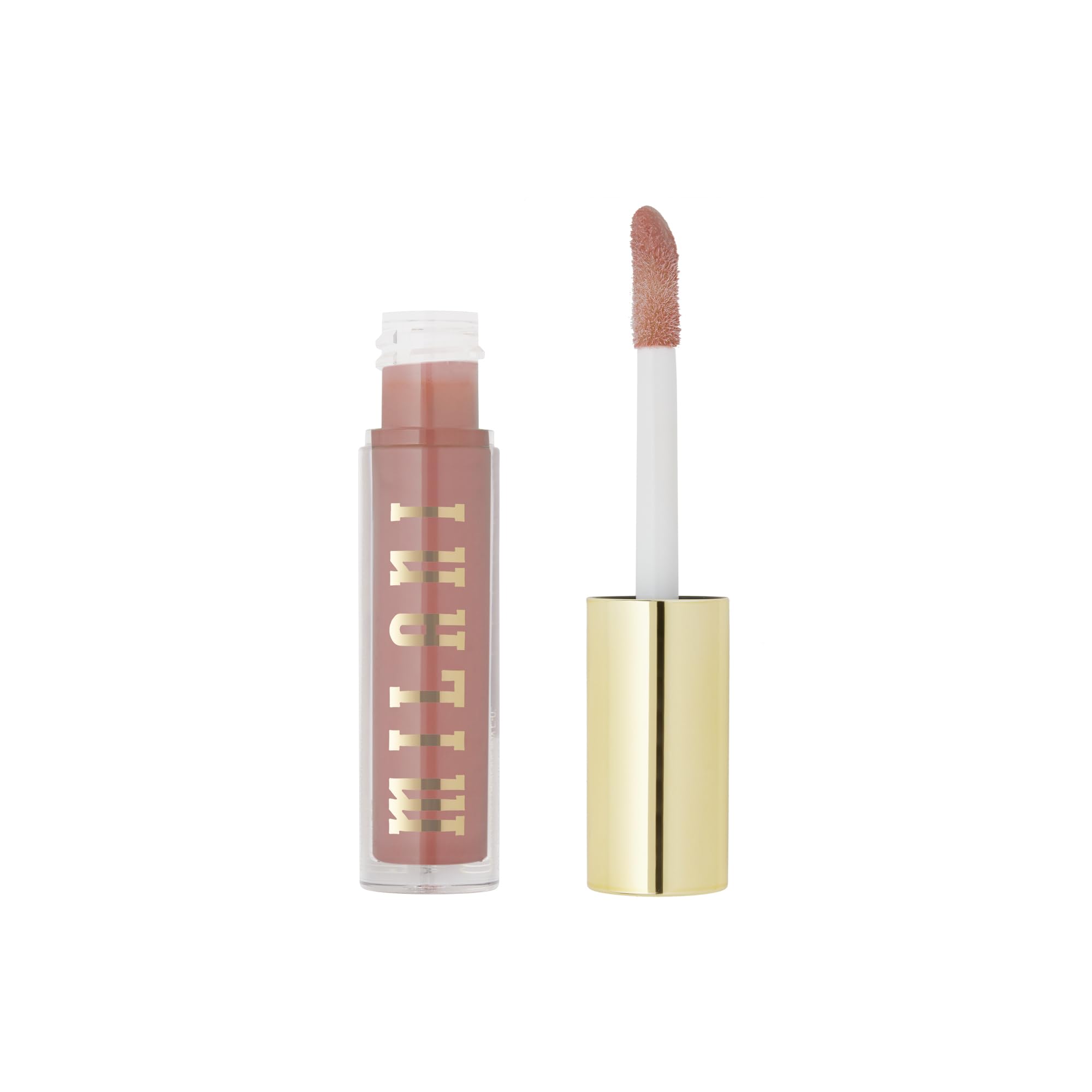 Milani Soft Rose gloss on lips with a glossy finish