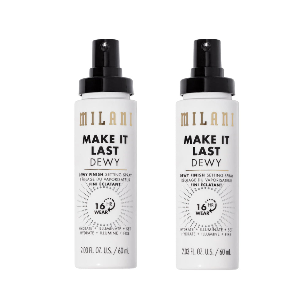 Milani Make It Dewy spray bottle close-up highlighting hydration and glow.
