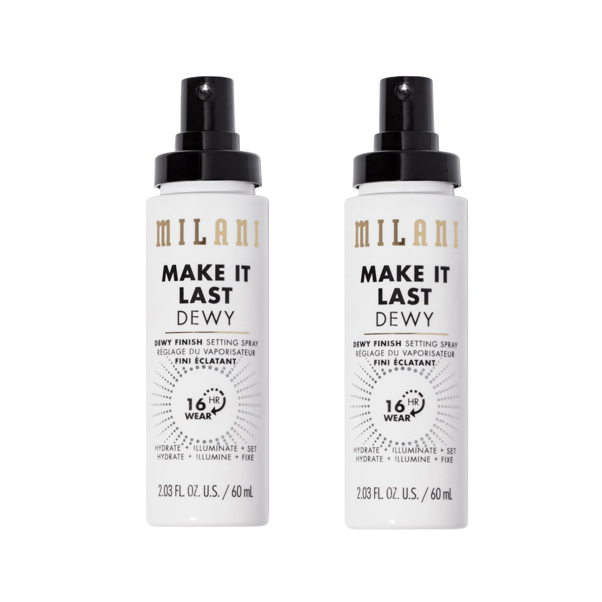 Milani Make It Dewy spray bottle close-up highlighting hydration and glow.