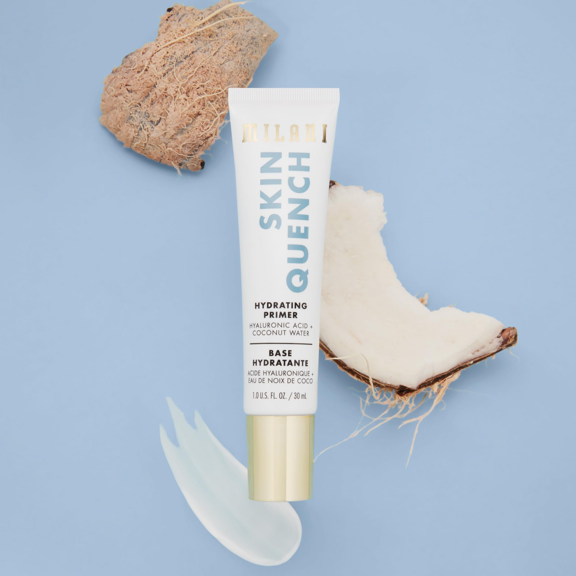 Milani primer con ácido hialurónico y agua de coco para hidratación ligera.