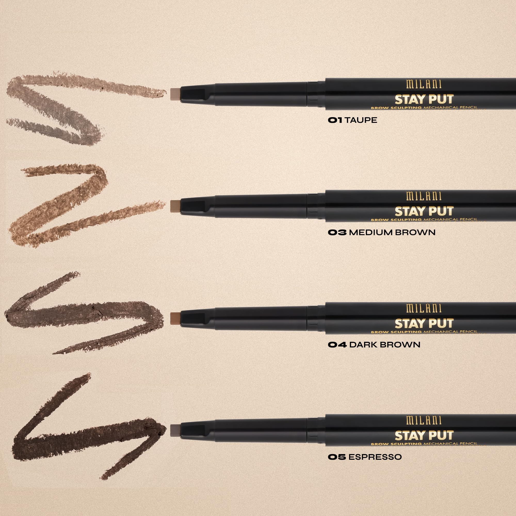 Milani Stay Put Brow Pencil en caja facilita acceso y uso diario.