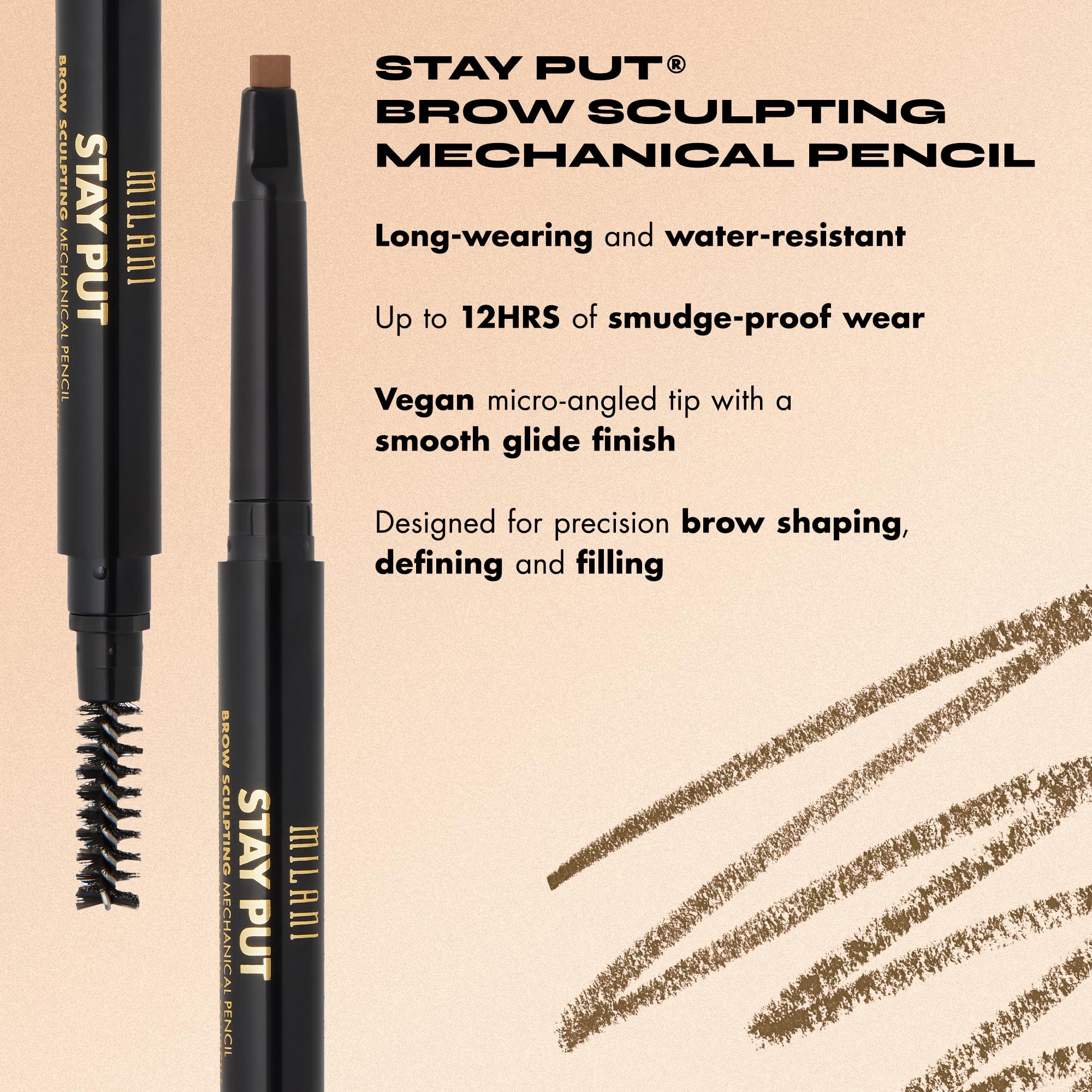 Milani Stay Put Brow Pencil muestra tono marrón oscuro para cejas definidas.