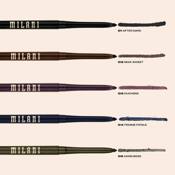 Fórmula resistente al sudor y al agua para Milani Stay Put Eyeliner After Dark.