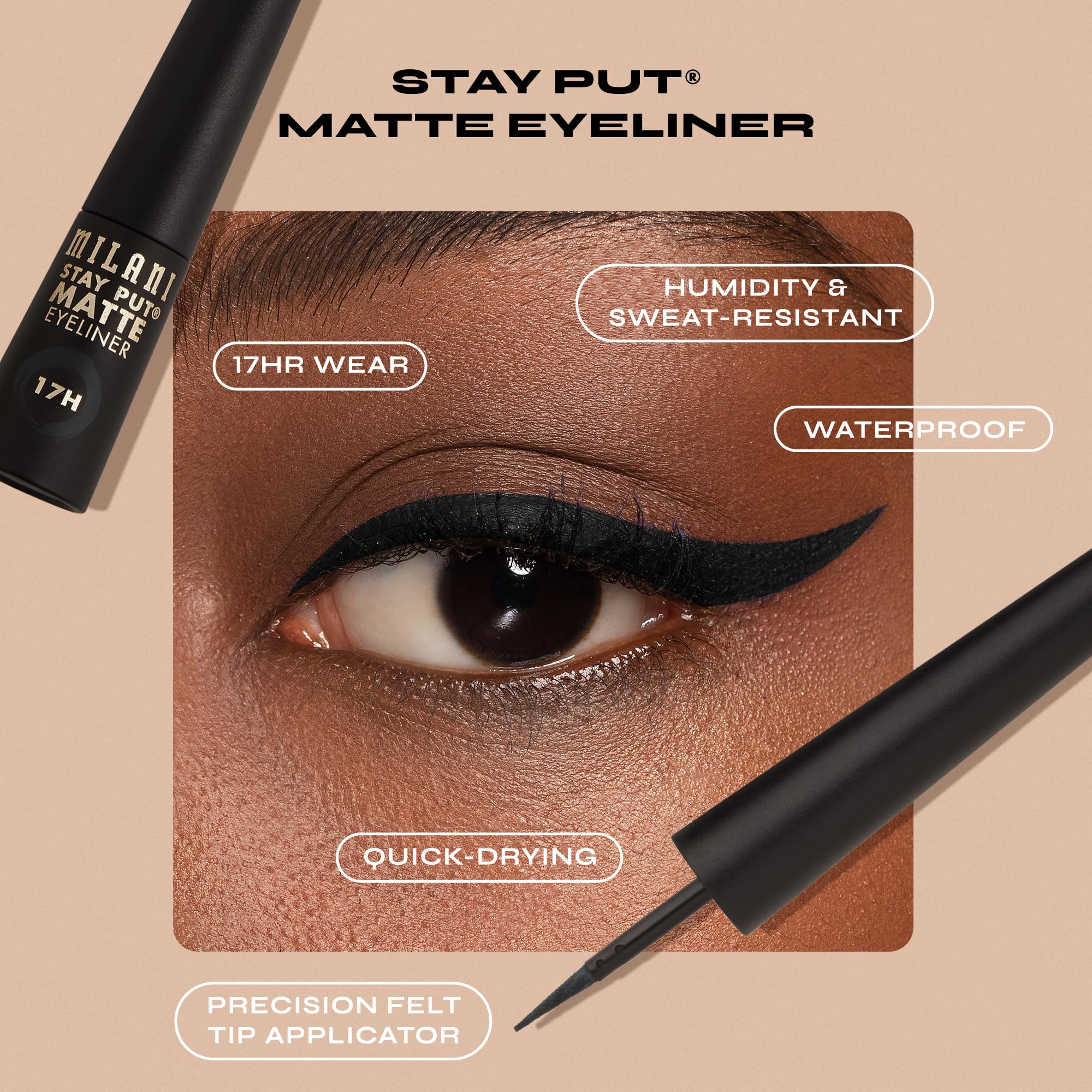 Milani Stay Put con aplicador fino para delineados finos y definidos.