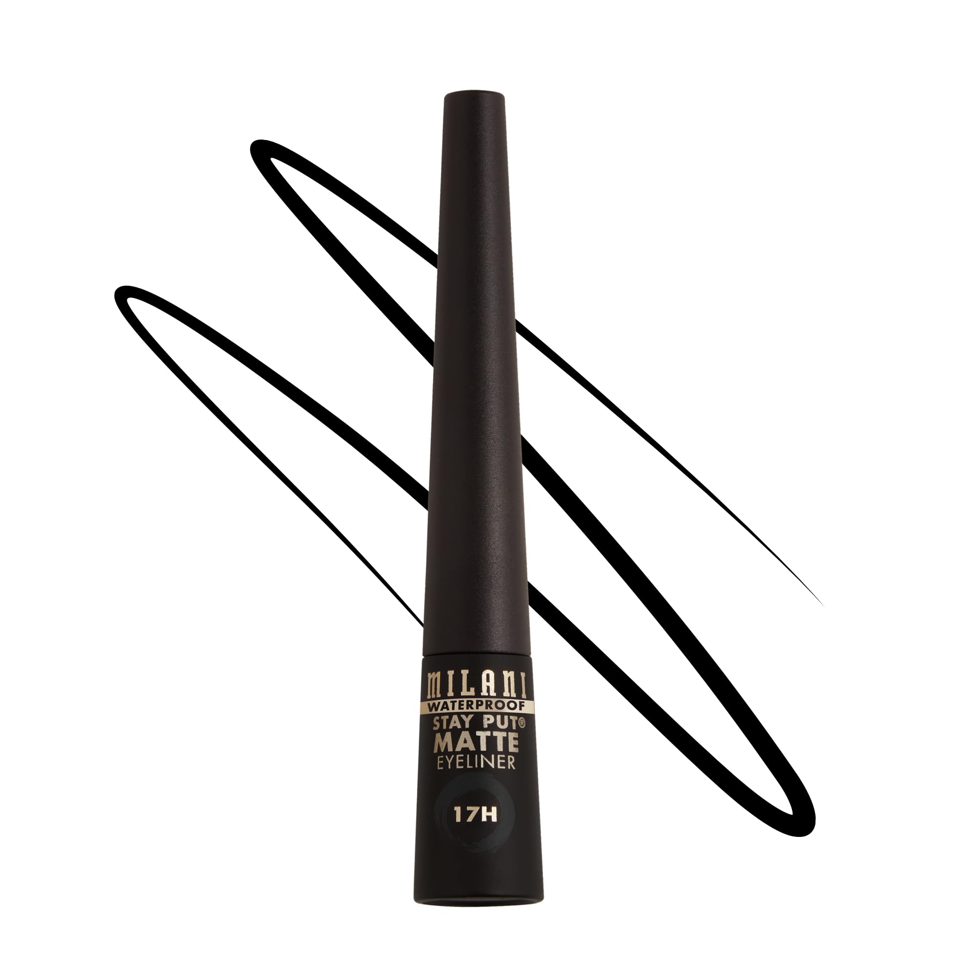 Milani Stay Put Delineador Líquido Mate negro, trazo preciso para delineado limpio.
