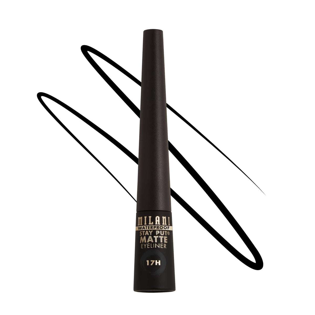 Milani Stay Put Delineador Líquido Mate negro, trazo preciso para delineado limpio.