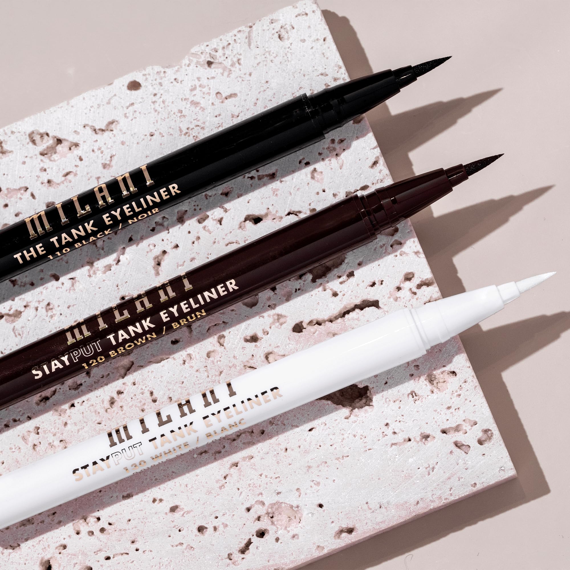 Milani The Tank eyeliner waterproof cap close-up highlights durable waterproof formula.
