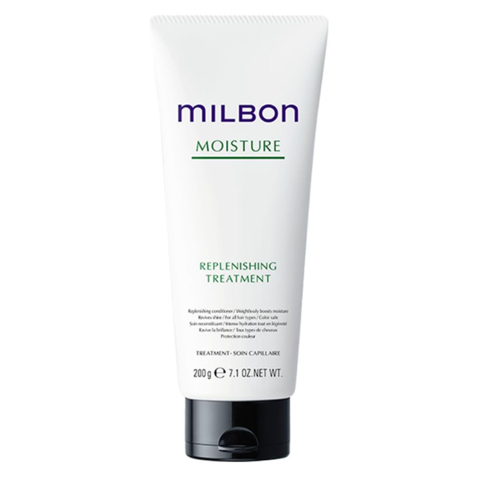 Milbon apres-shampooing hydratant, bouteille visible, offre hydratation légère pour cheveux secs.