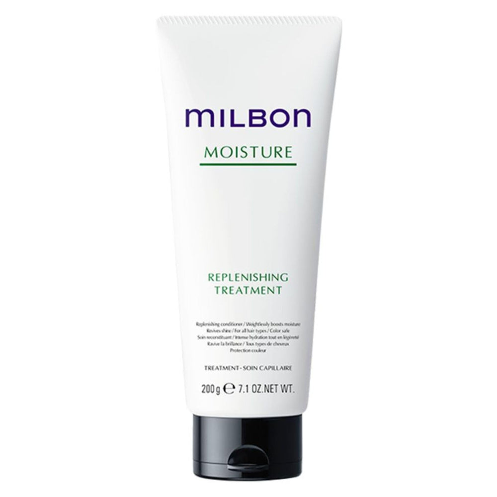 Milbon apres-shampooing hydratant, bouteille visible, offre hydratation légère pour cheveux secs.