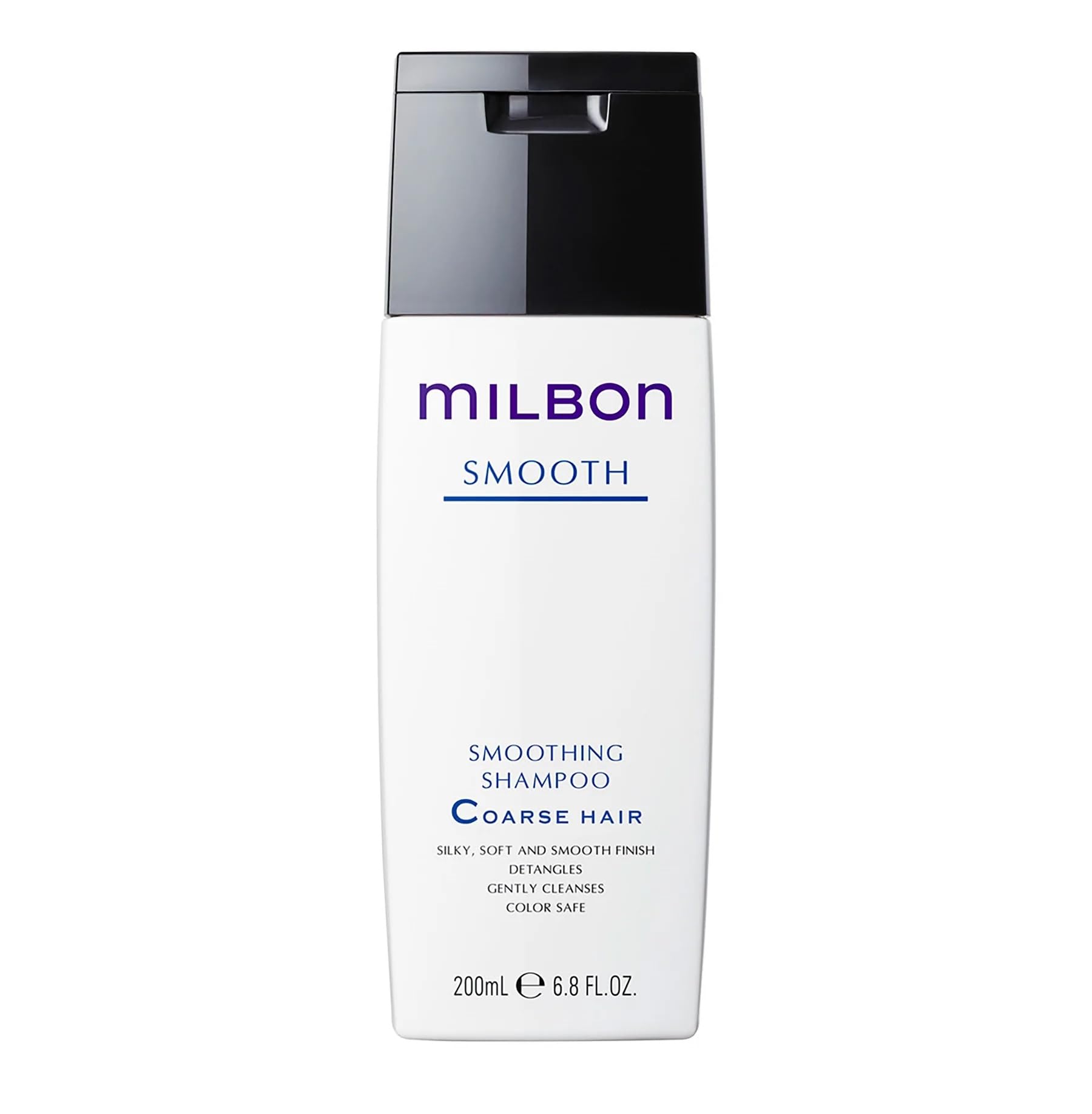Milbon Champú alisador para cabello grueso en botella, suaviza y aporta brillo suave.
