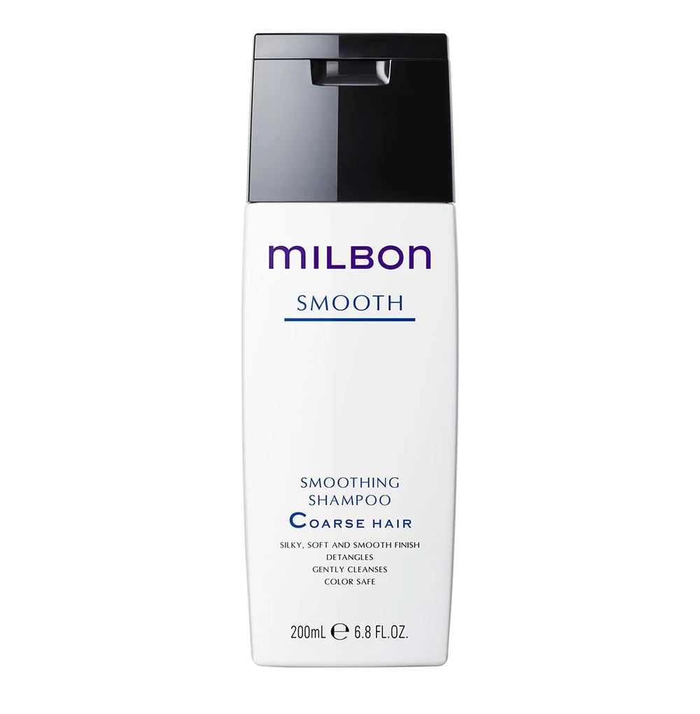 Milbon Champú alisador para cabello grueso en botella, suaviza y aporta brillo suave.