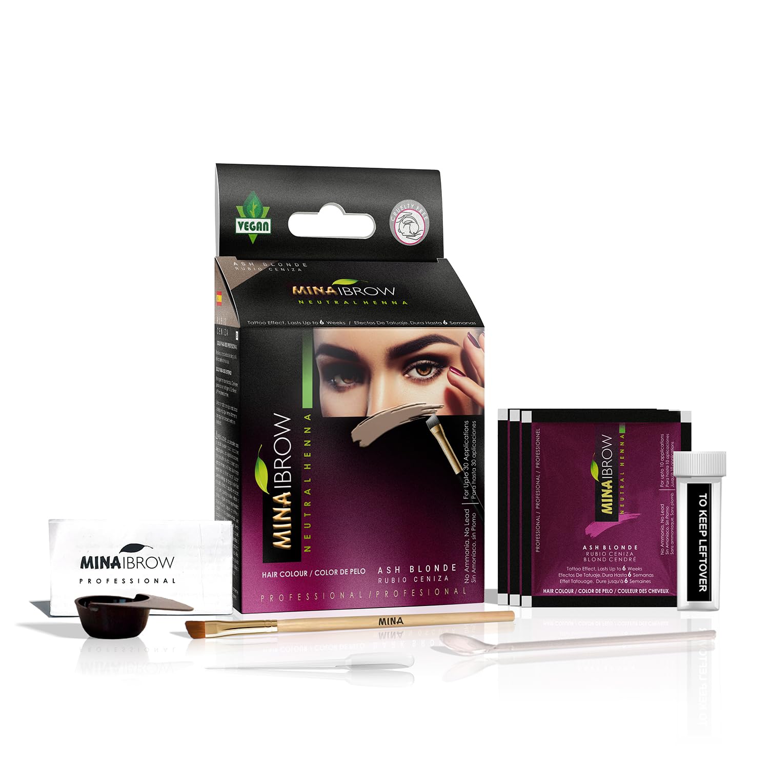 MINA ibrow Henna Tint Kit: brocha para aplicación profesional sin amoníaco.