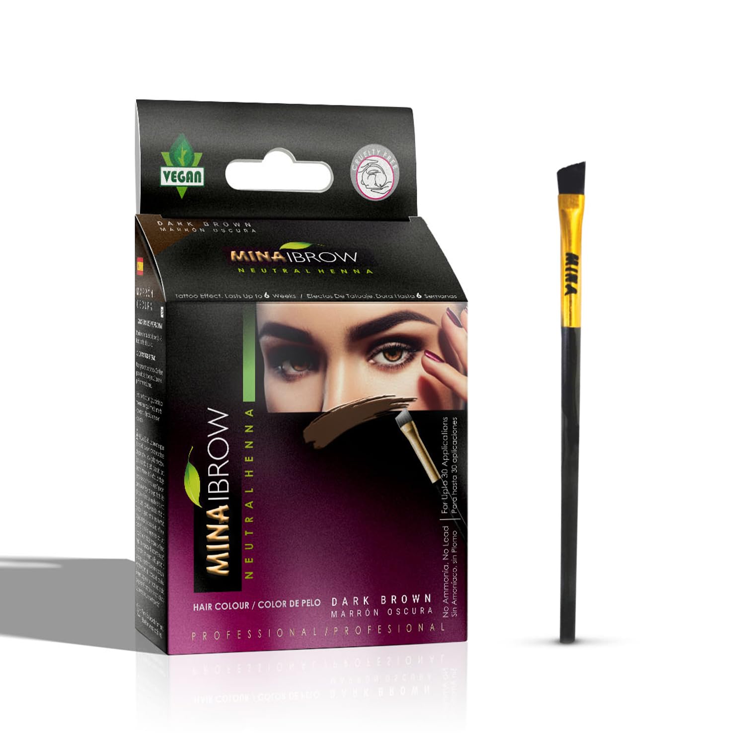MinaiBrow polvos marrón oscuro aplicados con brocha para definir cejas