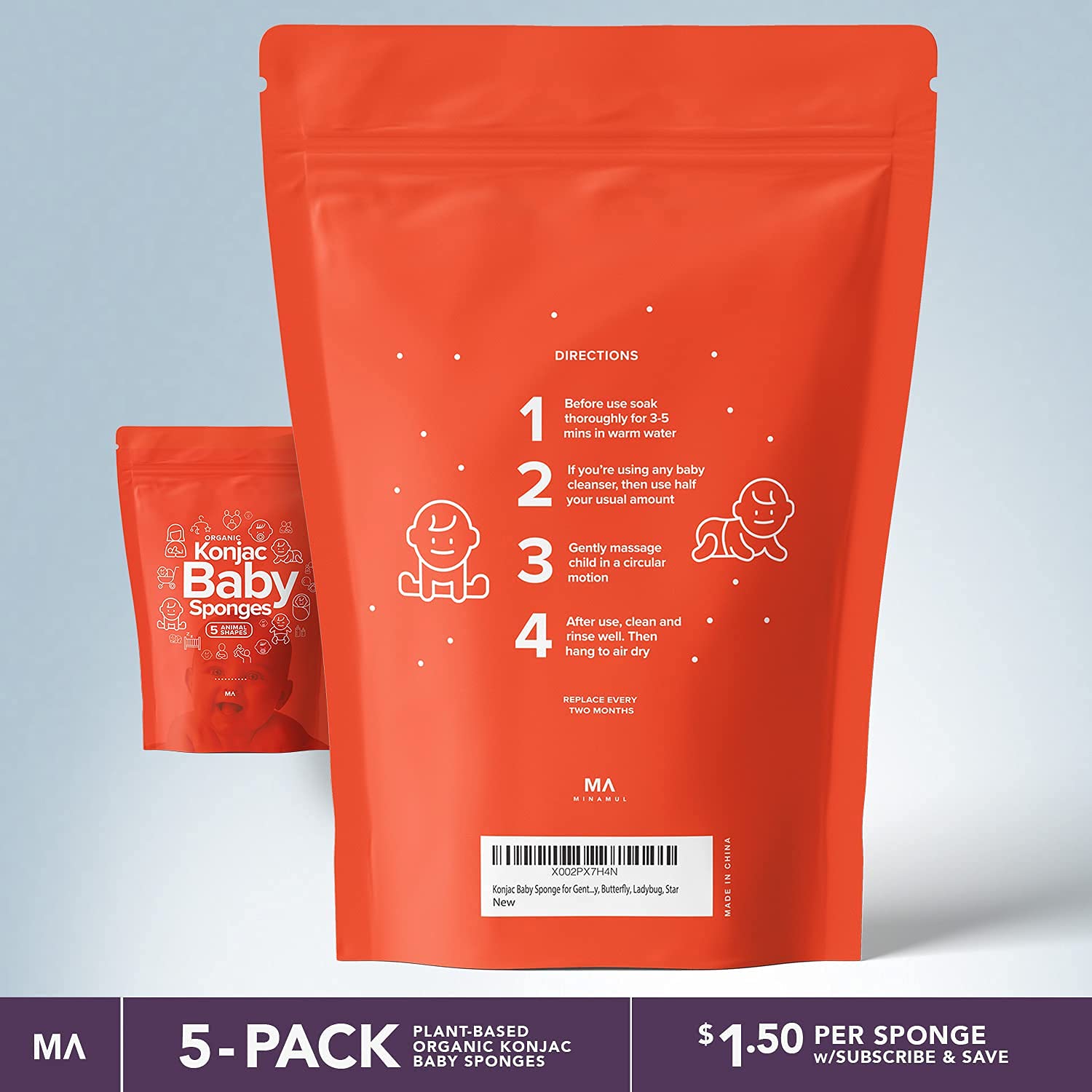 MINAMUL Konjac para bebés — conjunto: seis esponjas divertidas para juego y baño.