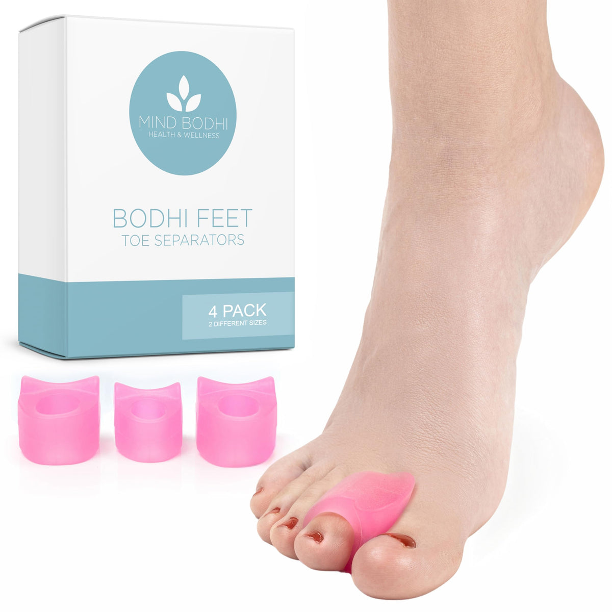 Mind Bodhi separadores de dedos con una anilla en rosa para mantener la alineación y prevenir juanetes.