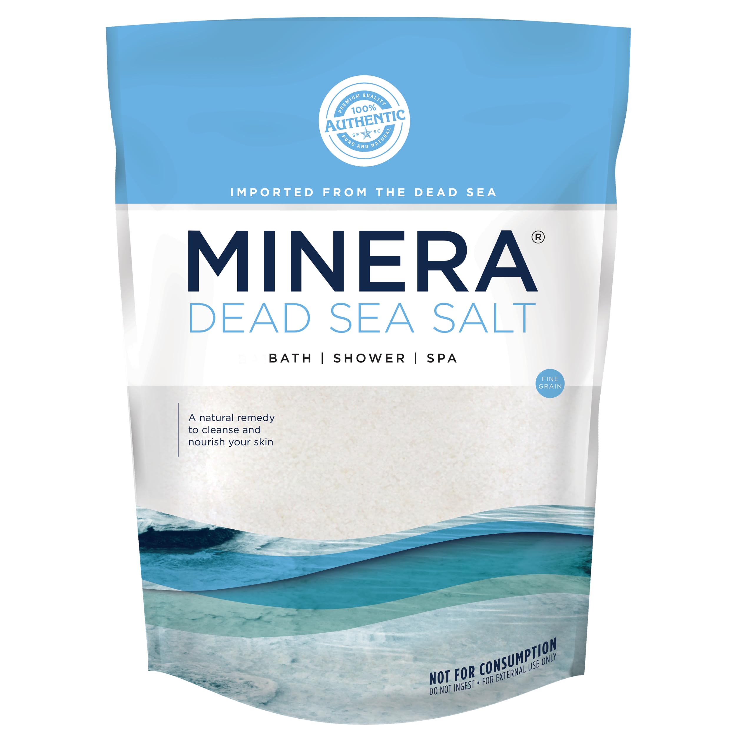 Minera Sal del Mar Muerto grano fino para baño suave y relajante.