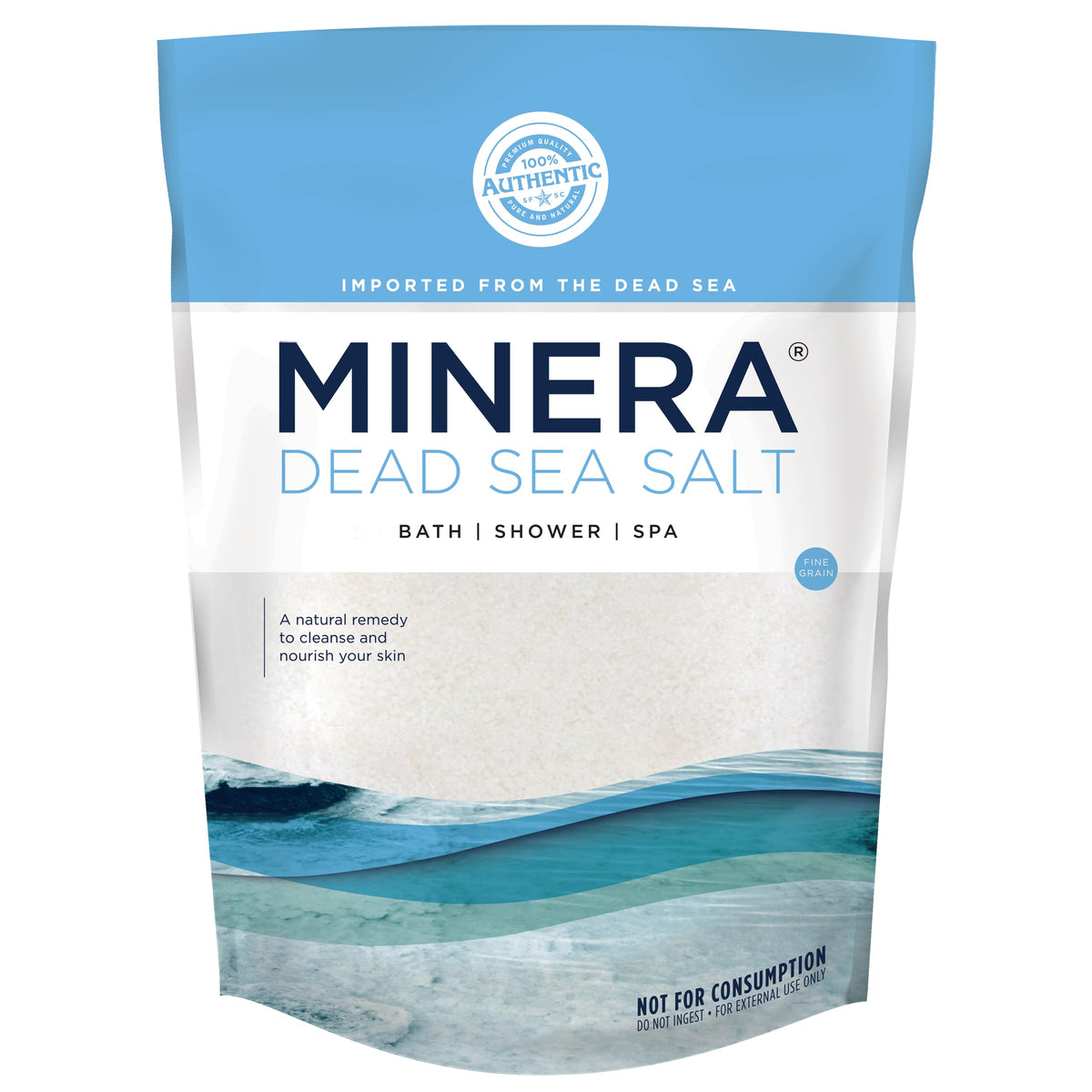 Minera Sal del Mar Muerto grano fino para baño suave y relajante.