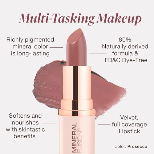 Labial Mineral Fusion Prosecco, tono vibrante para un acabado luminoso y de larga duración.