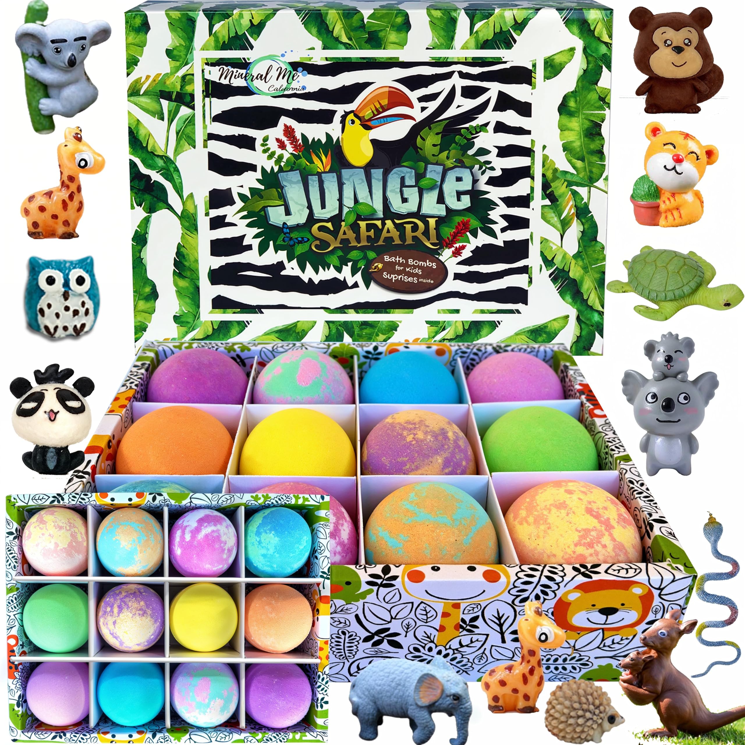 Mineral Me California – boules-bain-enfants-surprise révèle un jouet animal et transforme le bain en moment ludique.