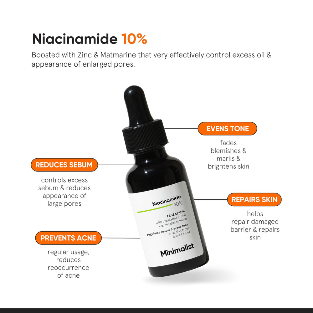 Minimalist niacinamida serum, enfoque en aplicación diaria para piel más suave y tono más uniforme.