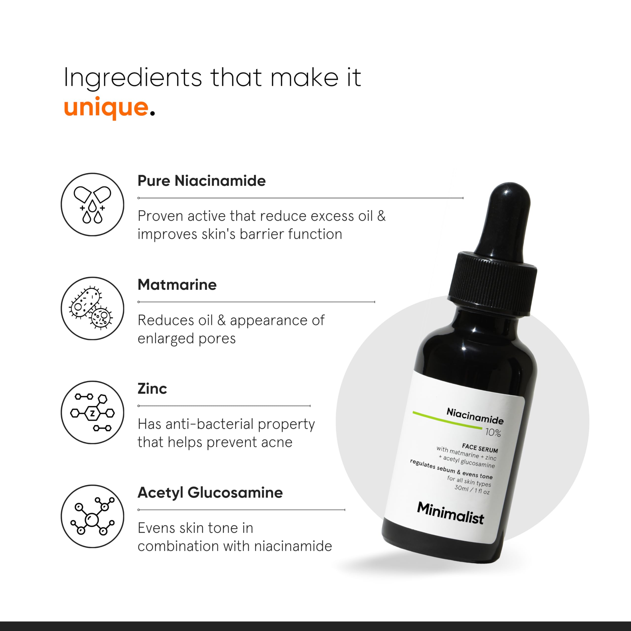 Minimalist niacinamida serum etiqueta clara destaca ingredientes y uso recomendado.