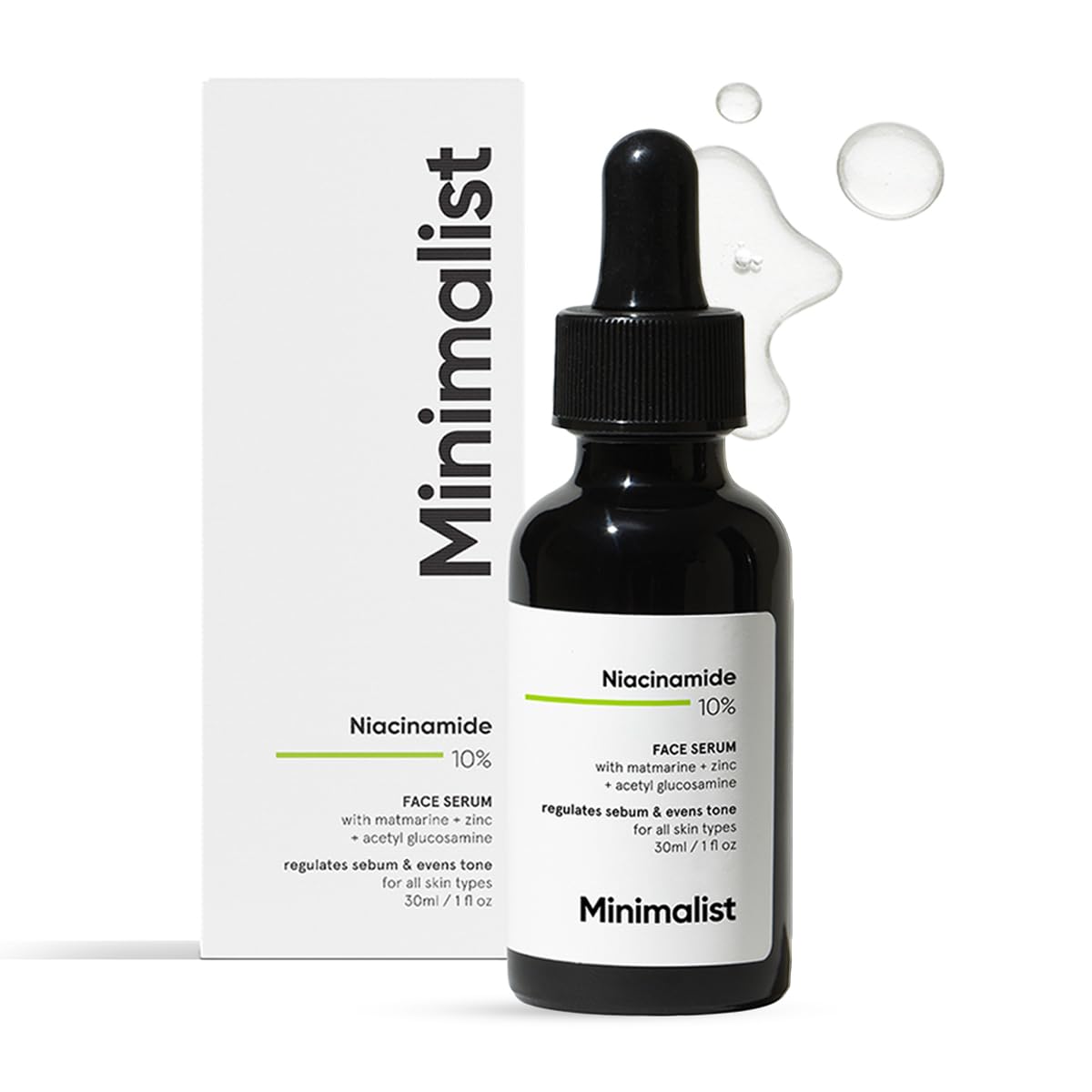 Minimalist niacinamida serum frasco: enfoque en envase para control de grasa y piel más clara.