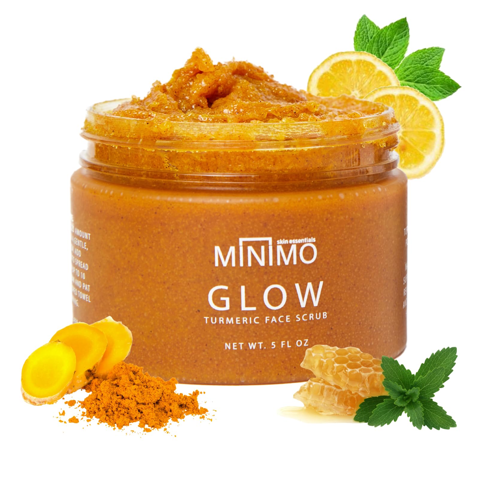 Minimo Glow Turmeric Face Scrub muestra la botella, ideal para exfoliar suavemente y revelar luminosidad.