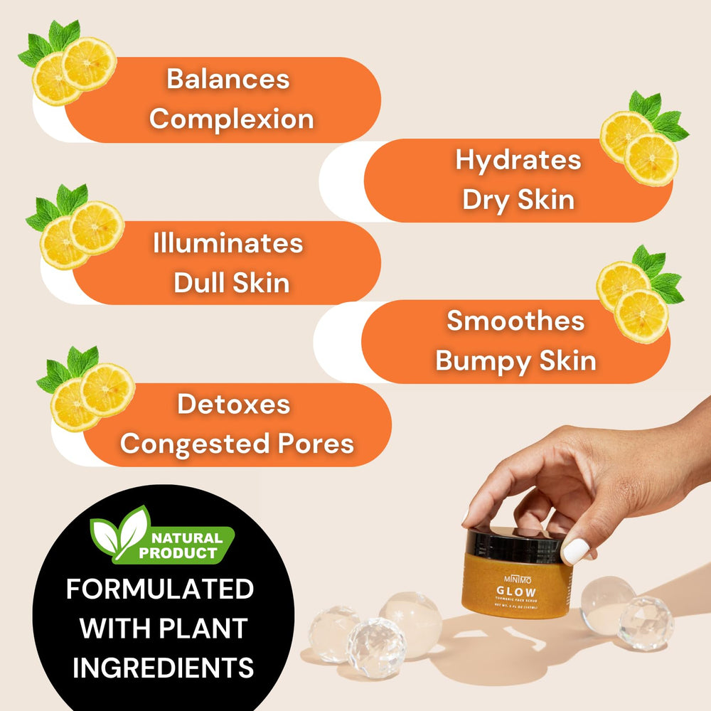 Minimo Glow Turmeric Face Scrub textura exfoliante suave para piel radiante.