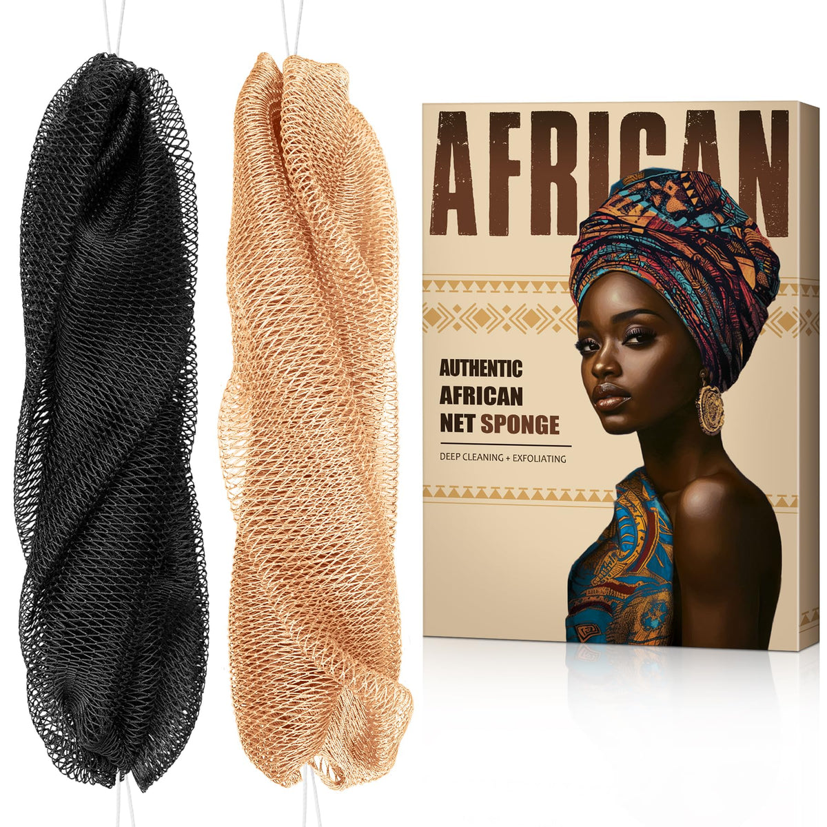MINISENTIALS esponja de red africana, frente, exfoliación suave para piel más suave.