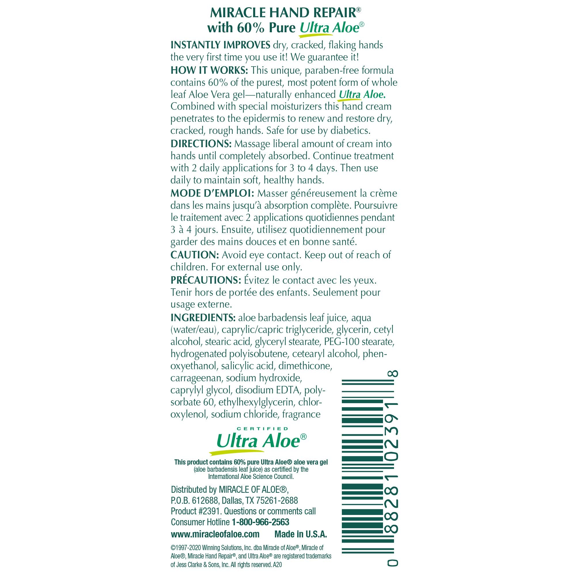 Miracle of Aloe crema para manos, tamaño de viaje para bolso.