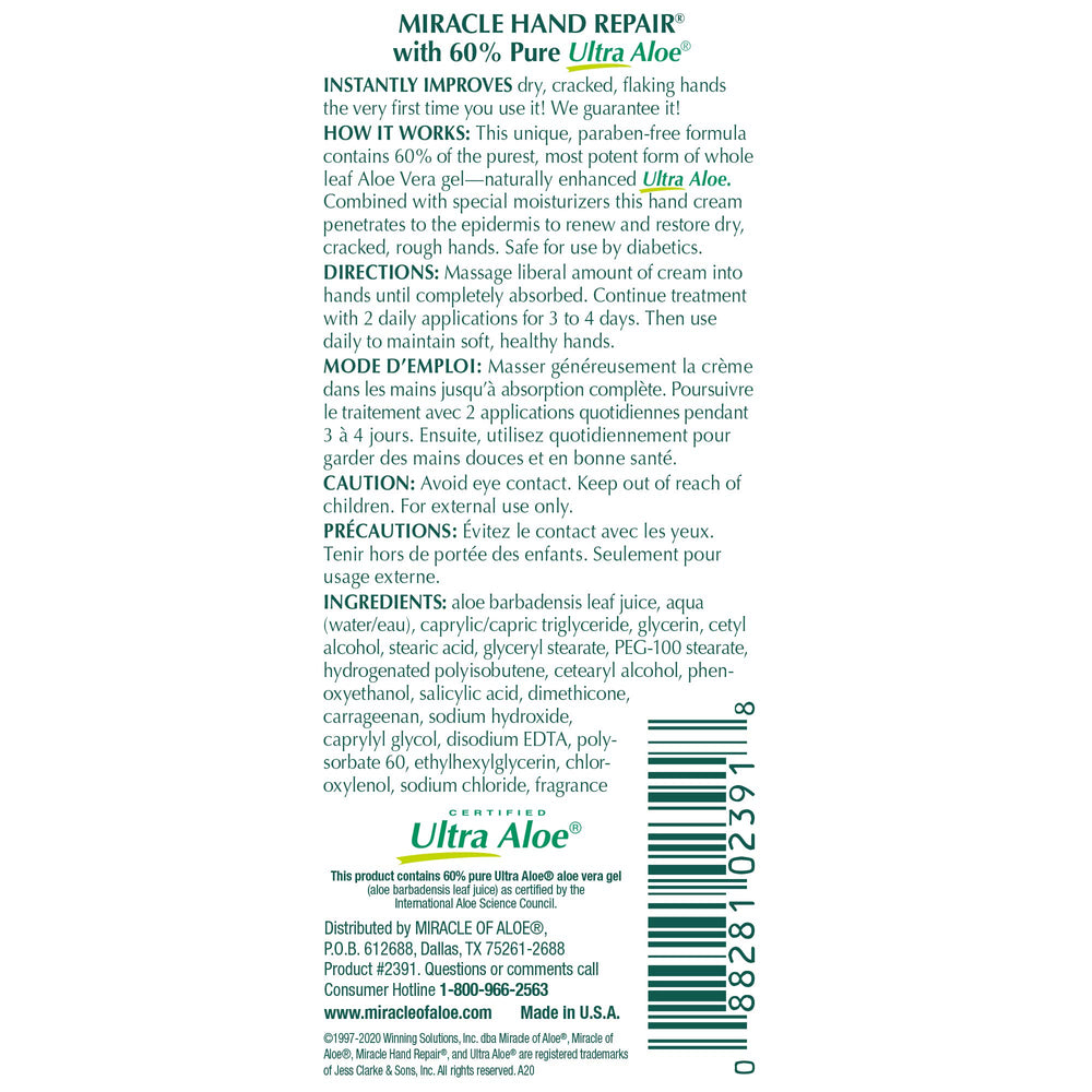 Miracle of Aloe crema para manos, tamaño de viaje para bolso.