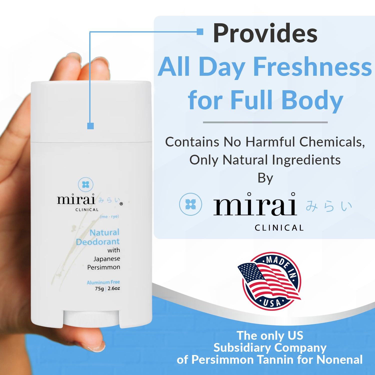 Desodorante Mirai Clinical sin aluminio y sin fragancia para uso diario.