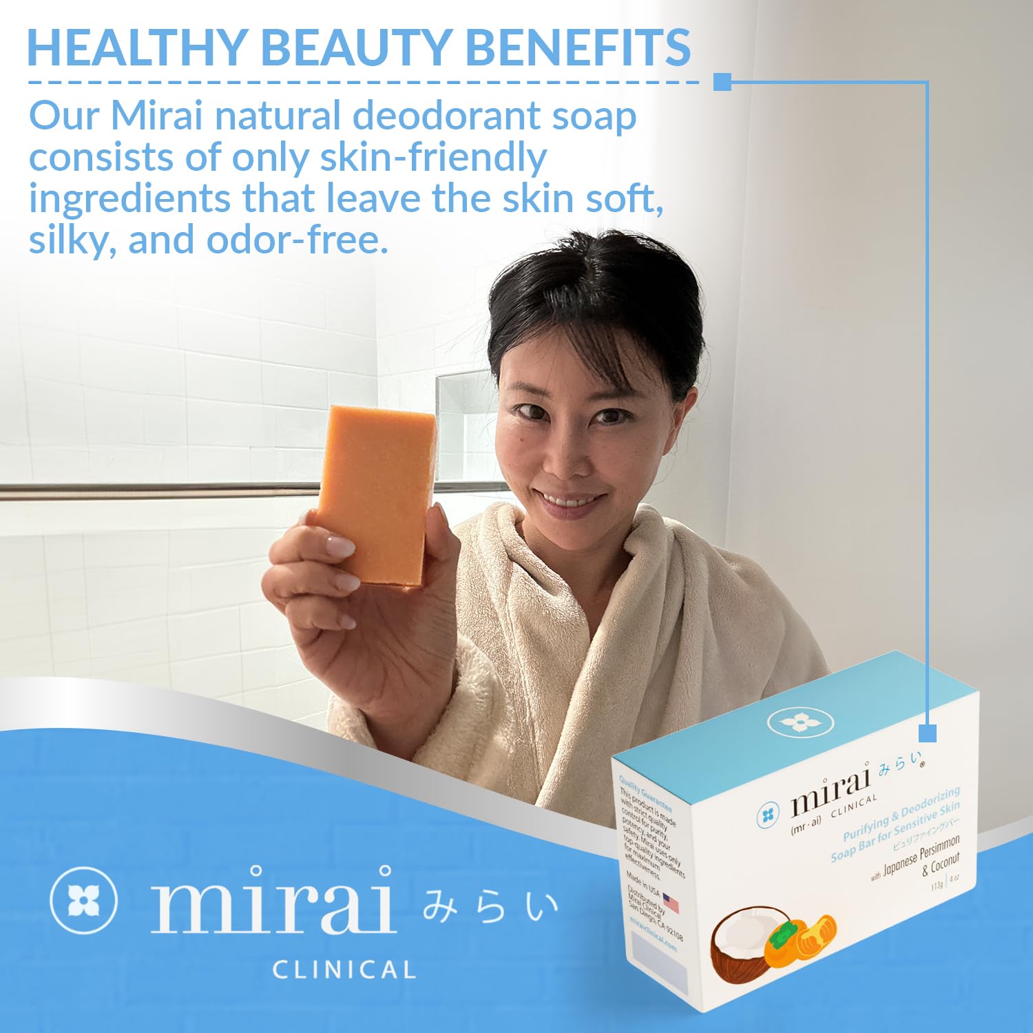 Packaging on vanity highlights Mirai Persimmon Soap Bar odor-control for all-day freshness