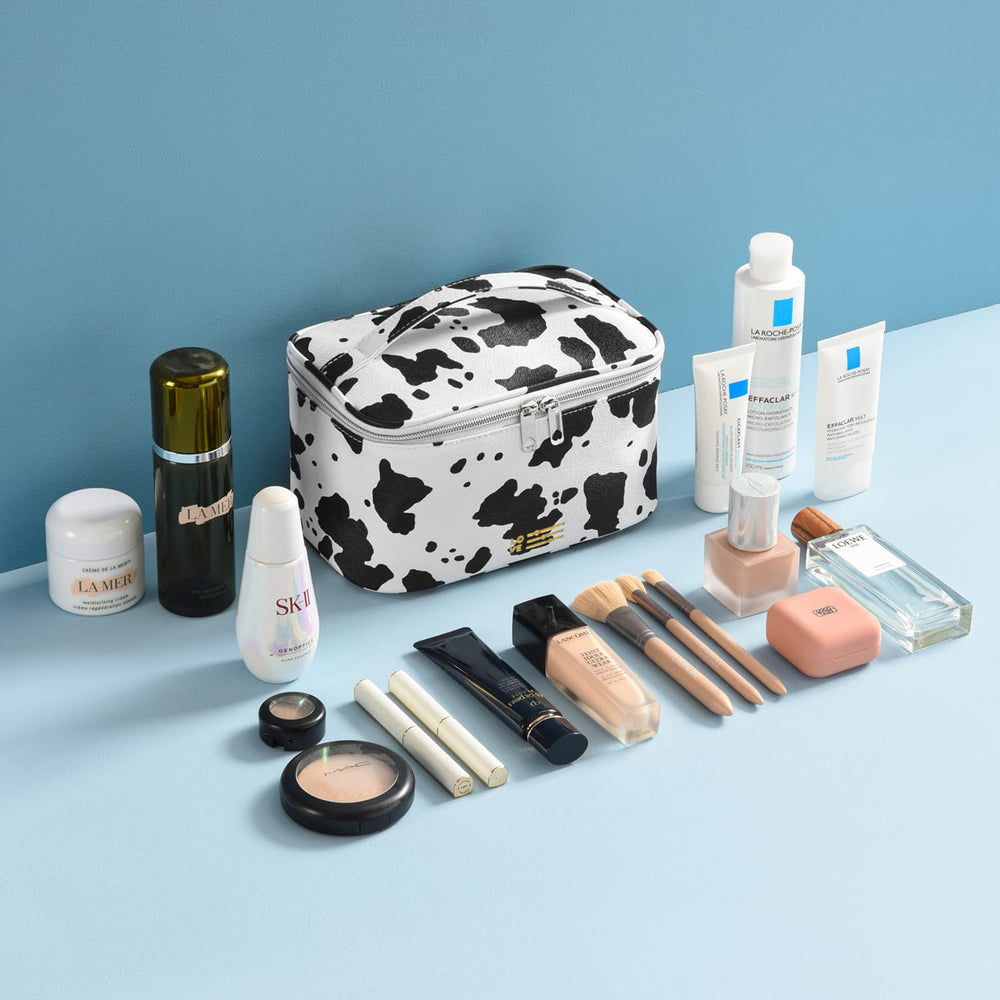 MIRASON estuche maquillaje estampado vaca mediano, perfecto para bolso diario y organización.