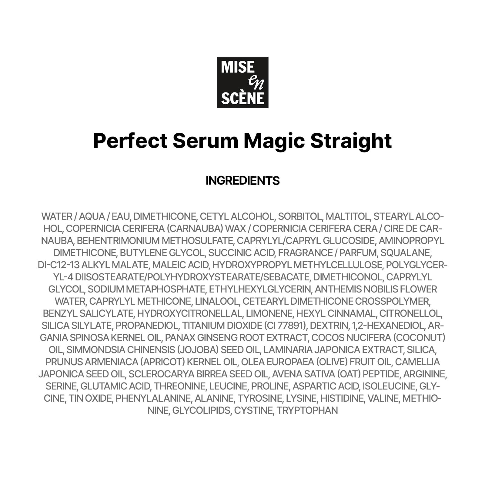 Mise En Scene Perfect Magic Straight Serum, acabado suave que potencia el brillo natural.
