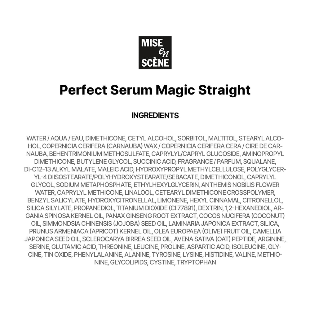 Mise En Scene Perfect Magic Straight Serum, acabado suave que potencia el brillo natural.