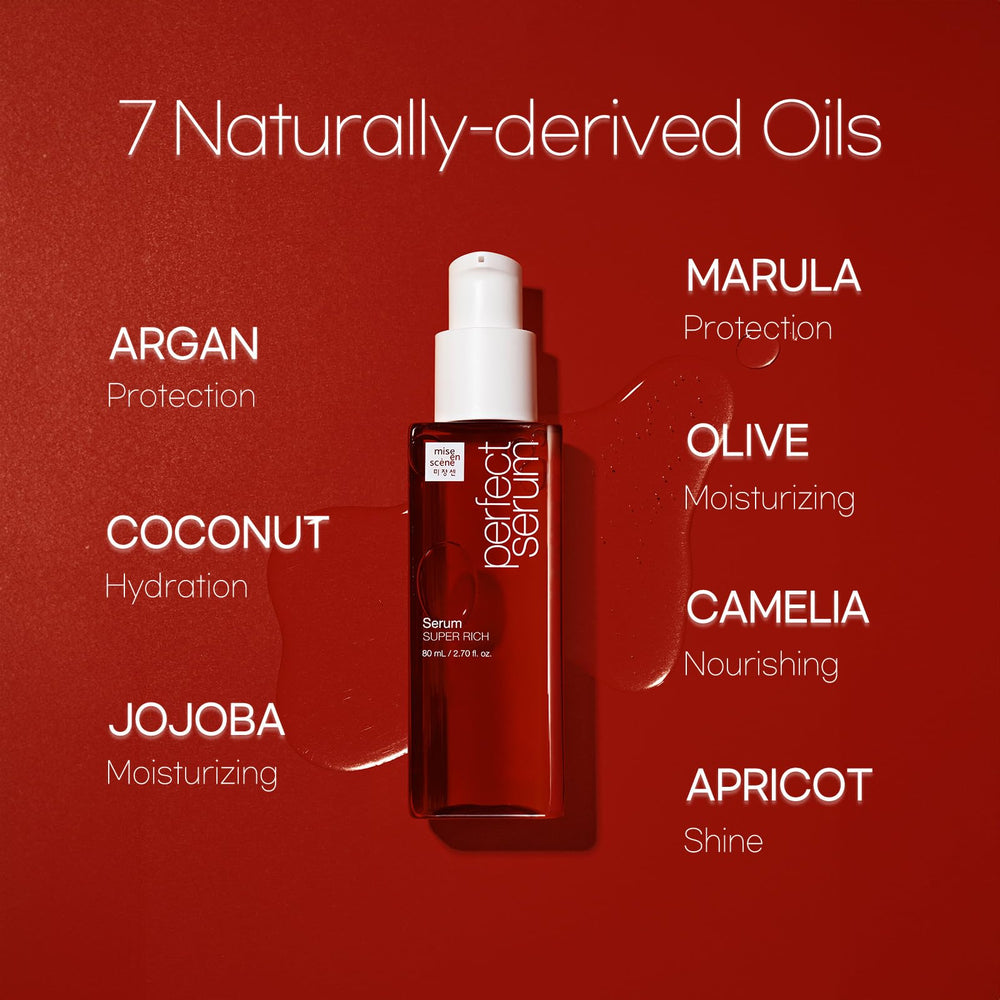 Mise En Scene Perfect Serum mezcla aceites naturales para cabello suave.