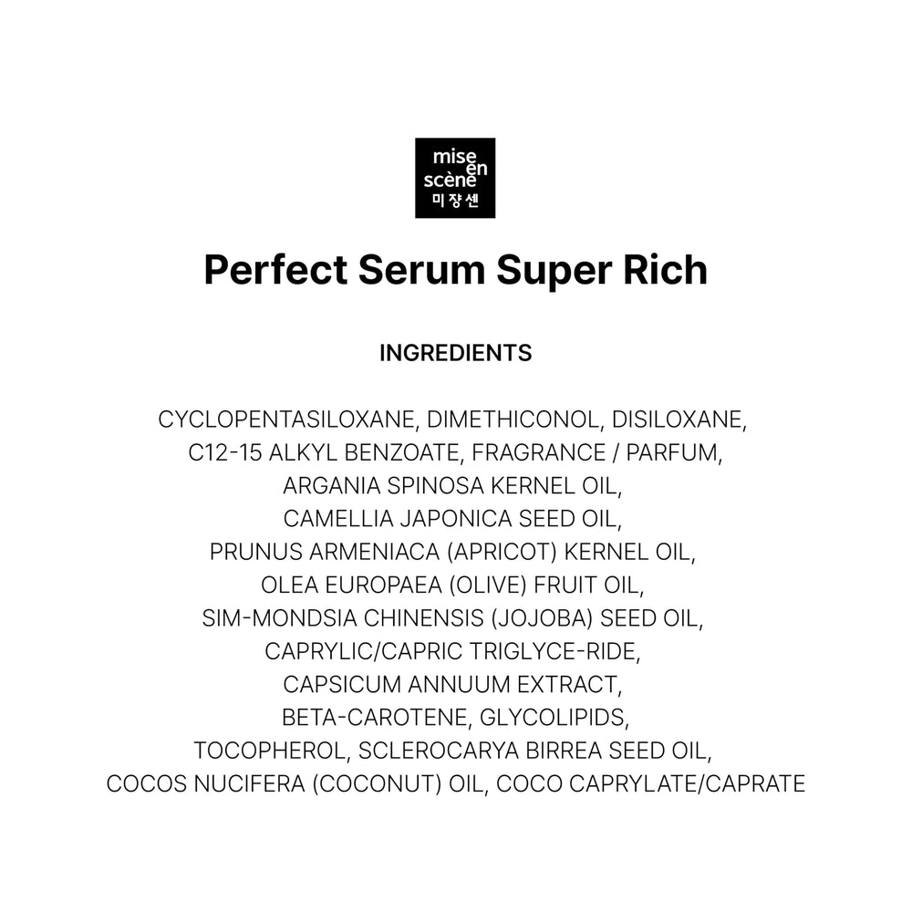 Mise En Scene Perfect Serum rutina diaria para brillo y nutrición.