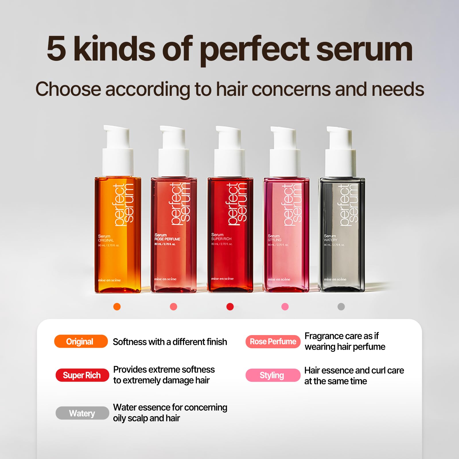 Mise En Scene Perfect Serum uso diario para cabellos dañados.