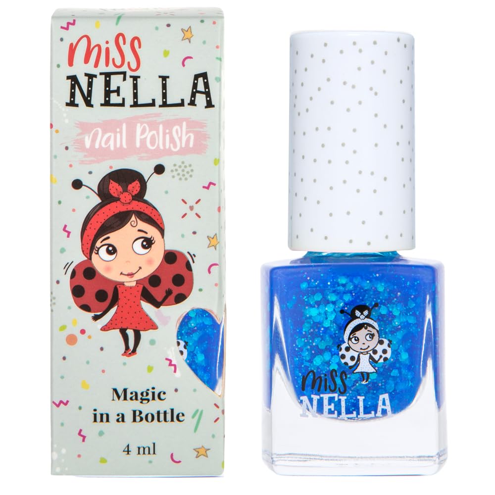 MISS NELLA COOL KID, botella azul oscuro, demostración de esmalte seguro para niños.