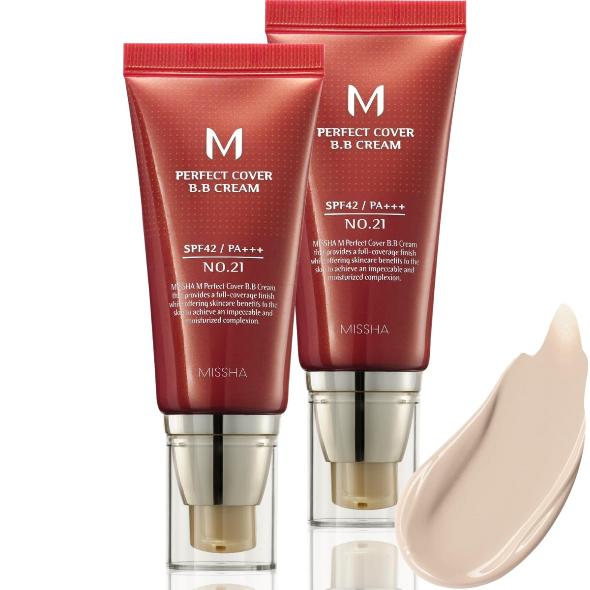 MISSHA M Perfect Cover BB Cream No21 lumière beige, texture légère pour une couvrance naturelle.