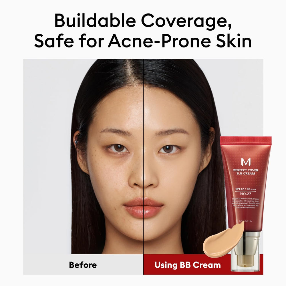 Missha M Perfect Cover BB Cream No.27: textura cremosa que hidrata con ceramidas y ácido hialurónico.