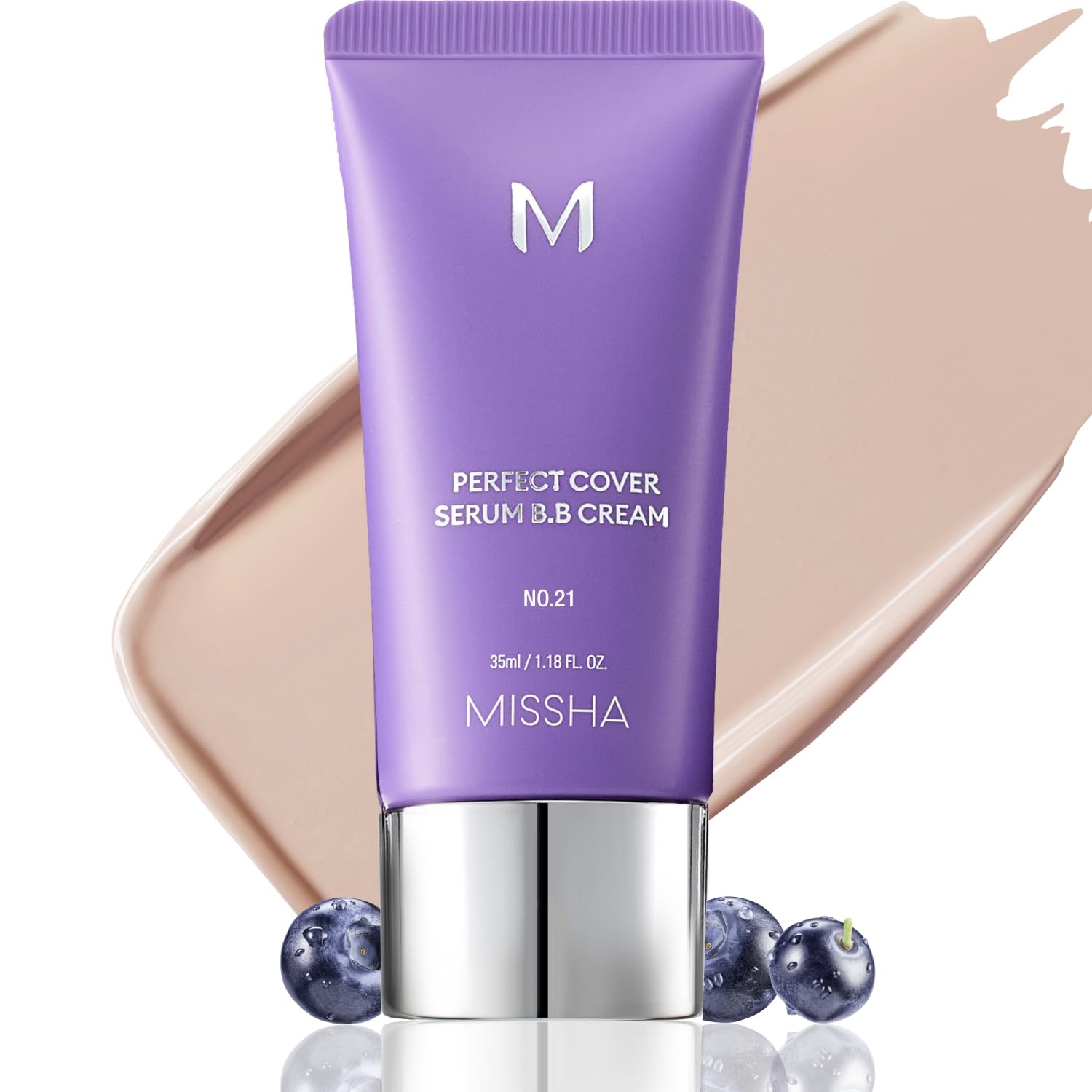 Missha M Perfect Cover Serum BB Cream No.21 botella mostrando el envase para un acabado natural