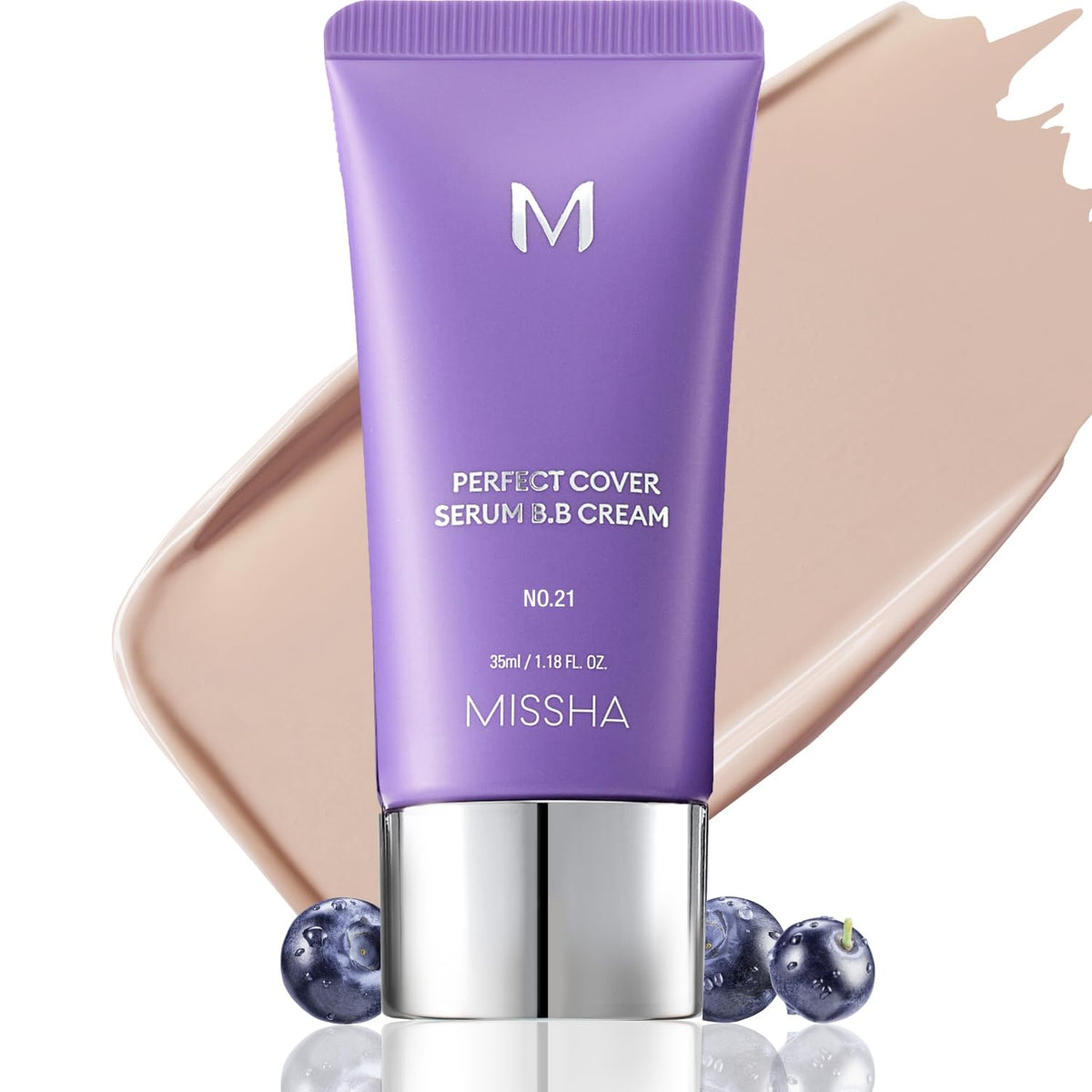 Missha M Perfect Cover Serum BB Cream No.21 botella mostrando el envase para un acabado natural