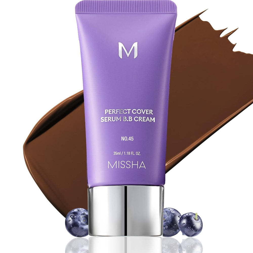 MISSHA M Perfect Cover Serum BB Cream No.45, tubo de aplicación, cobertura ligera para piel radiante