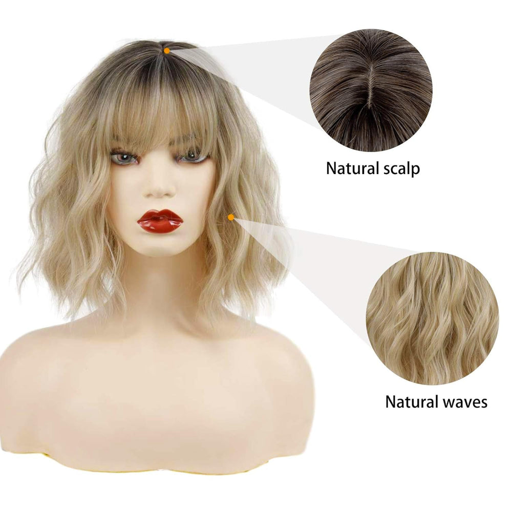 MISSQUEEN peluca rubia ombré ondulada de bob corto, brillo natural para eventos