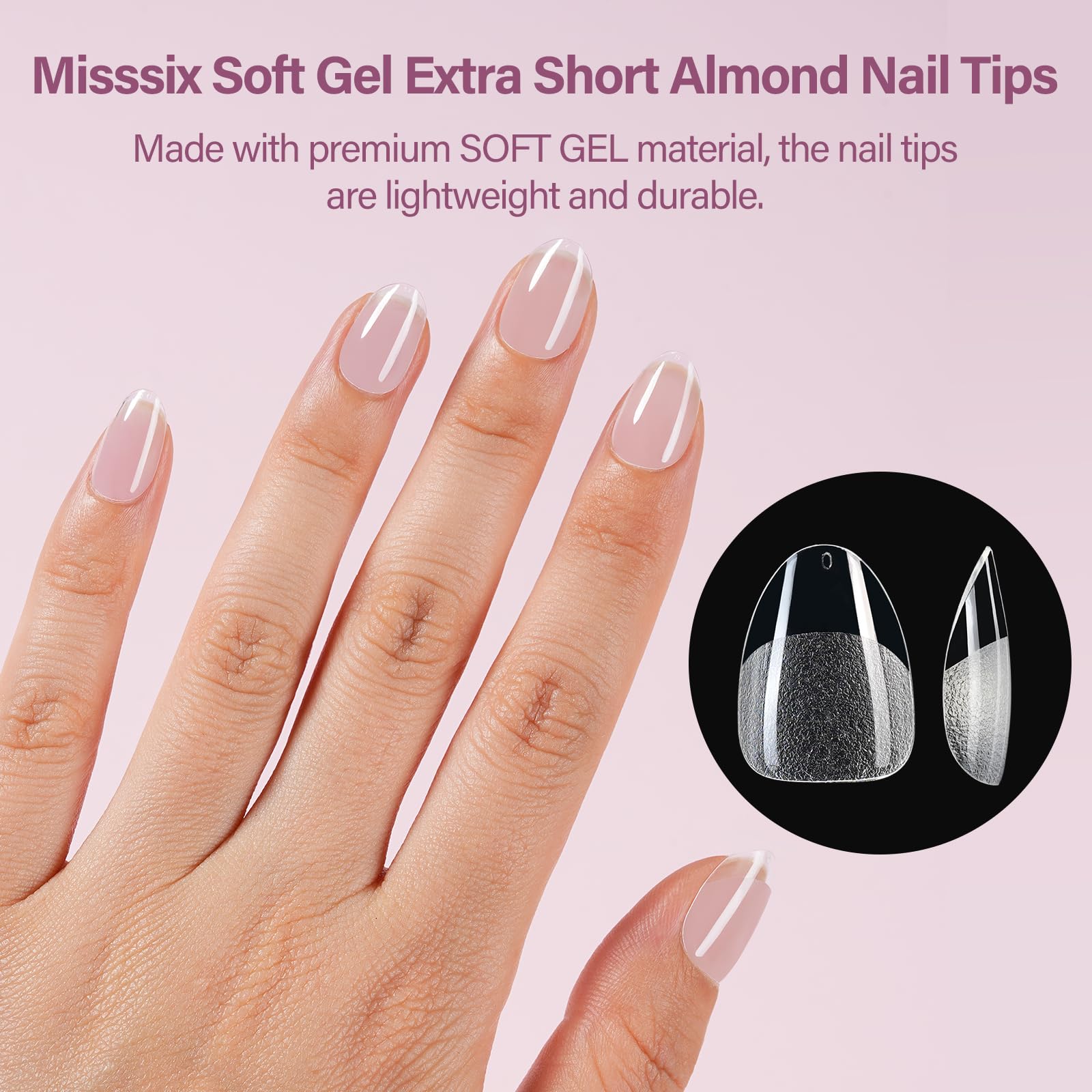 Misssix puntas gel almendra corta, 12 tallas para ajuste perfecto